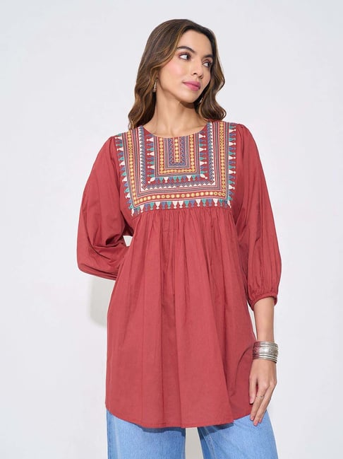 Rangmanch By Pantaloons Aurora Red Regular Fit Embroidered Tunic