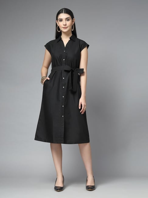 Style Quotient Black Solid Flared Fit Shirt Dress - Main Image
