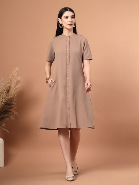 Style Quotient Brown Polyester Solid Flared Fit A-Line Dress