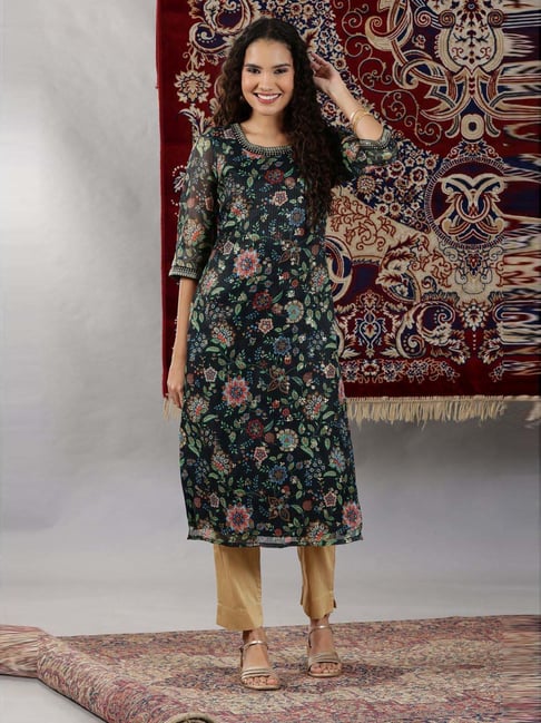 Aurelia Black Regular Fit Floral Print Kurta-picture-15