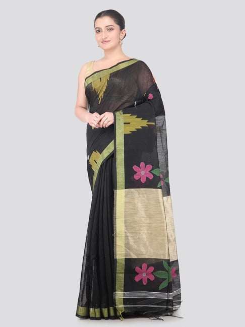 Pinkloom Black Silk Floral Saree With Blouse Piece