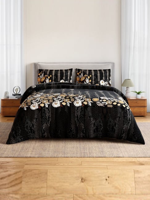 Spaces Cotton Grey Floral 132 TC Double Size Bedsheet with 2 Pillow Covers-picture-17