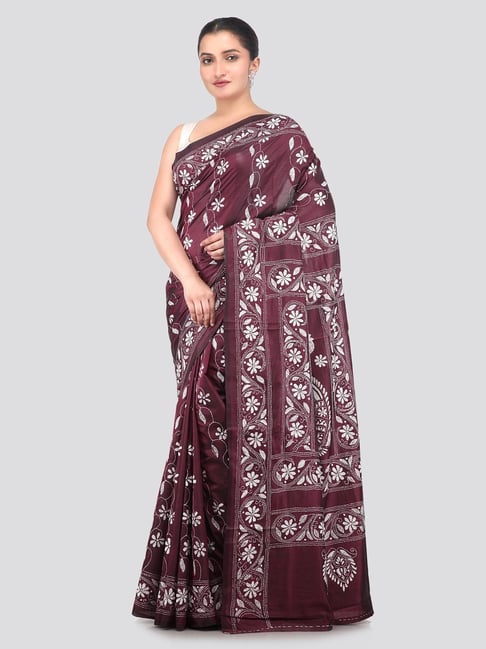 Pinkloom Maroon Silk Embroidered Saree With Blouse Piece