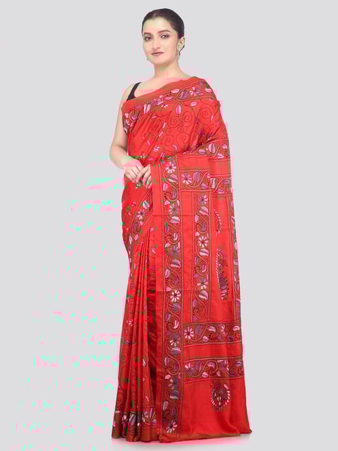 Pinkloom Red Silk Embroidered Saree With Blouse Piece-picture-38
