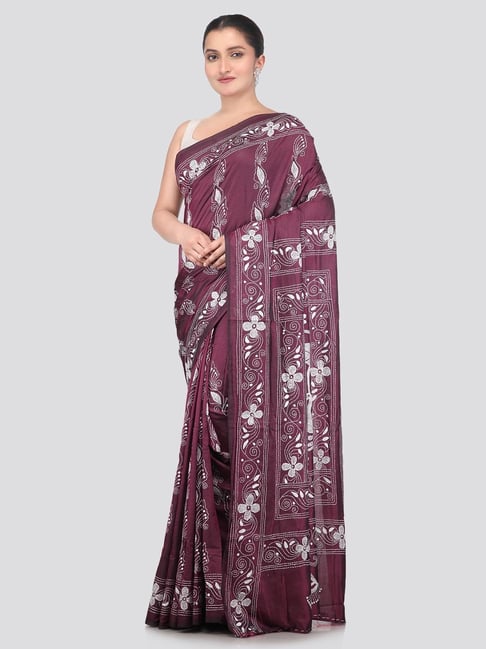 Pinkloom Maroon Silk Embroidered Saree With Blouse Piece