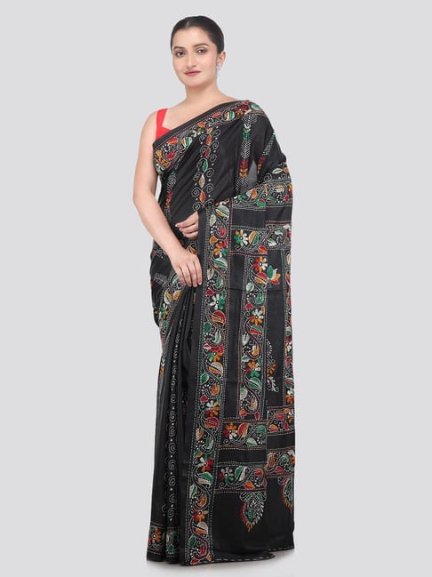 Pinkloom Black Silk Embroidered Saree With Blouse Piece
