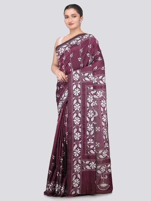 Pinkloom Maroon Silk Embroidered Saree With Blouse Piece