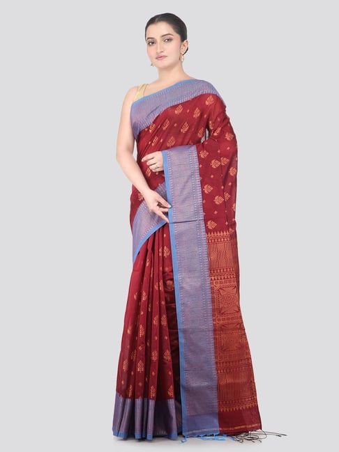 Pinkloom Maroon Silk Floral Saree With Blouse Piece