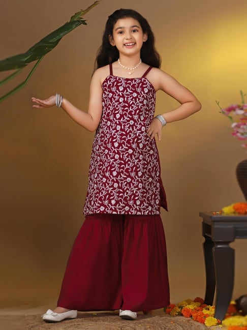 Fashion Dream Kids Maroon Embroidered Kurti With Sharara Set-picture-36