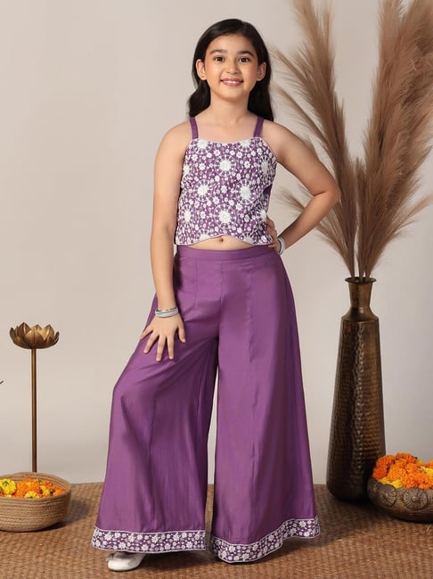 Fashion Dream Kids Purple Embroidered Crop Top With Palazzos Set-picture-33