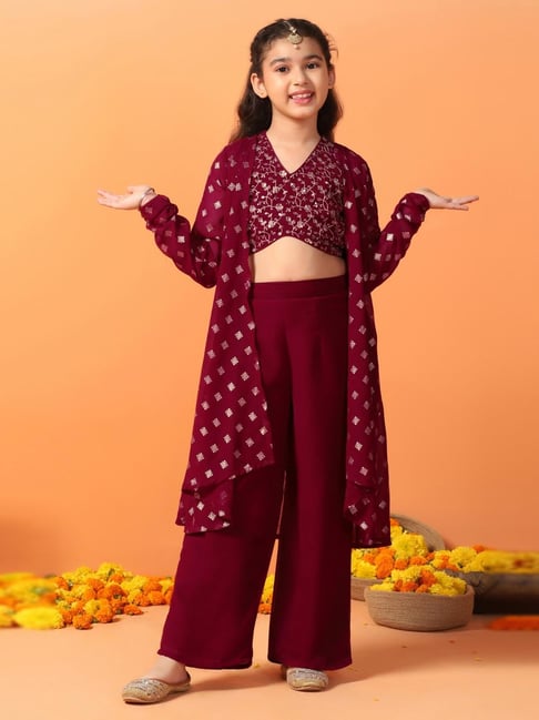 Fashion Dream Kids Maroon Embroidered Crop Top With Palazzos And Shrug Set-picture-13