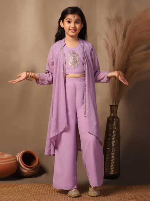 Fashion Dream Kids Lavender Embroidered Crop Top With Palazzos And Shrug Set-picture-35