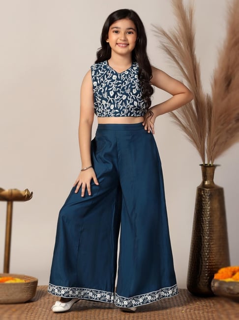 Fashion Dream Kids Blue Embroidered Crop Top With Palazzos Set-picture-44