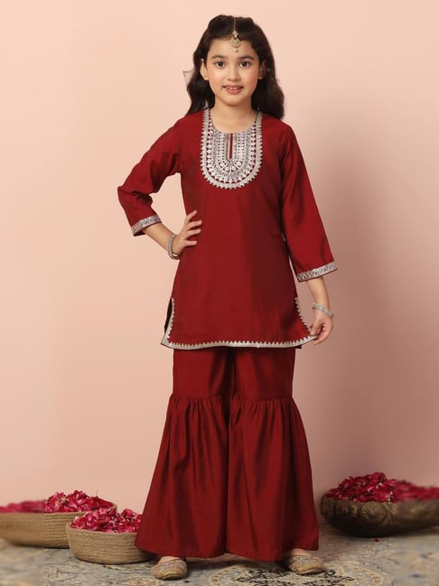 Fashion Dream Kids Maroon Embroidered Kurti With Sharara Set-picture-10