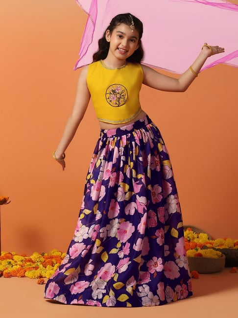 Fashion Dream Kids Mustard Floral Lehenga Choli With Dupatta Set