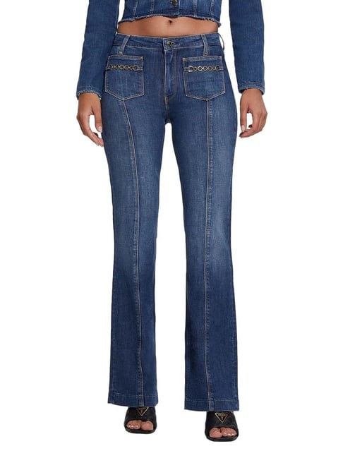 Guess Women's Blue Cotton Solid Slim Fit Jeans-picture-35