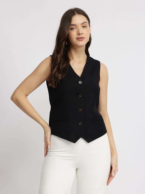 Fablestreet Black Linen Regular Fit Waistcoat