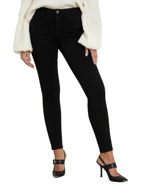 Guess Women's Black Cotton Solid Skinny Fit Jeans-picture-40