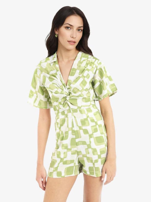RAREISM Light Green Regular Fit Geometric Playsuit-picture-43
