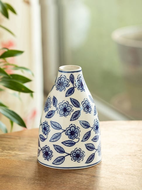 ExclusiveLane The Expression Series White & Blue Ceramic Hand-painted Indigo Bloom Vases - Set of 1