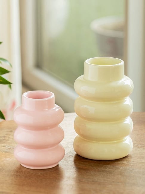ExclusiveLane The Expression Series Pink & Butter Yellow Ceramic Handcrafted Ring Stack Vases - Set of 2
