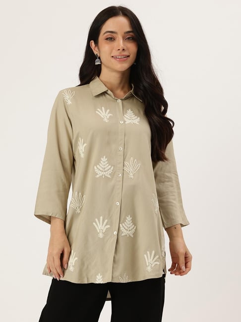 AMUKTI Beige Floral Embroidered Shirt Collar Tunic-picture-25