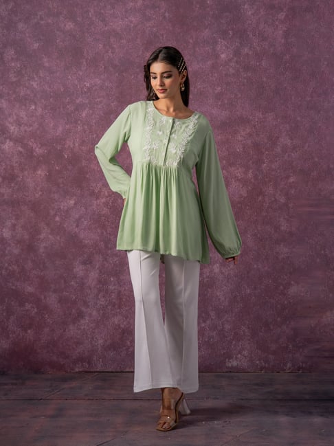 Juniper Mint & White Tunic with Thread Work and Buttons-picture-13