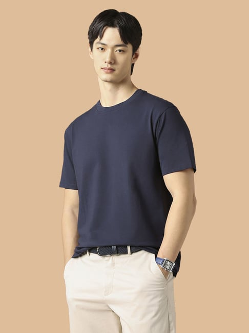 Peter England Navy Cotton Regular Fit T-Shirt