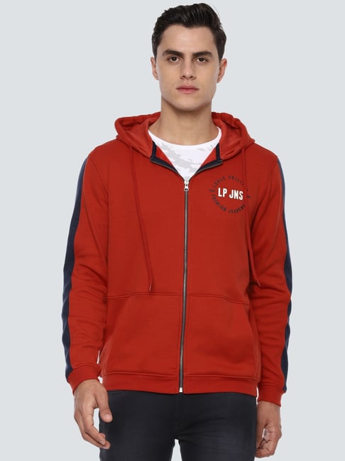 Louis Philippe Red Cotton Regular Fit Printed Hooded Sweatshirt-picture-28