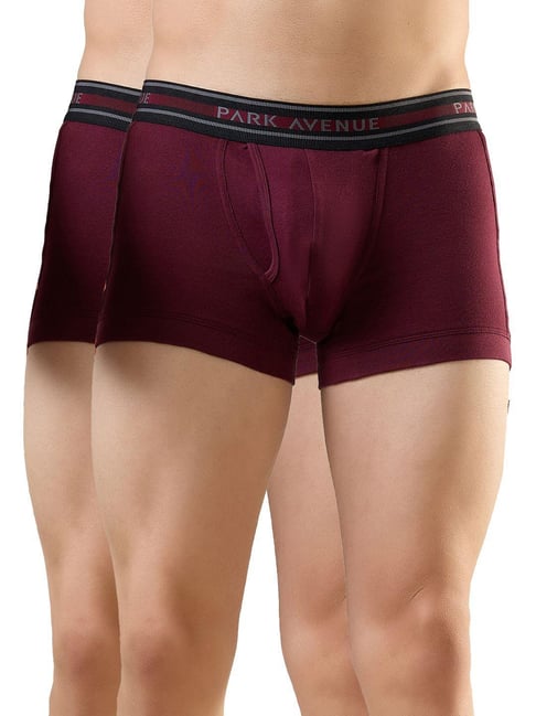 Park Avenue Dark Maroon Cotton Regular Fit Trunks - Pack of 2