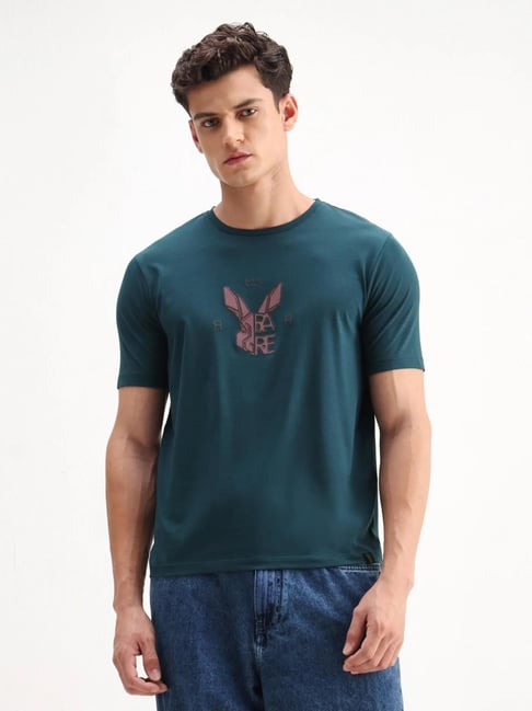 Rare Rabbit Teal Graphic Regular Fit T-Shirt-picture-32