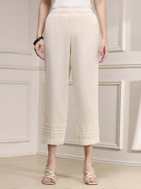 Biba Off White Relaxed Fit Self Pattern Pants
