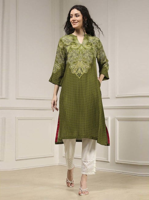 Biba Olive Green Straight Fit Printed Kurta-picture-12