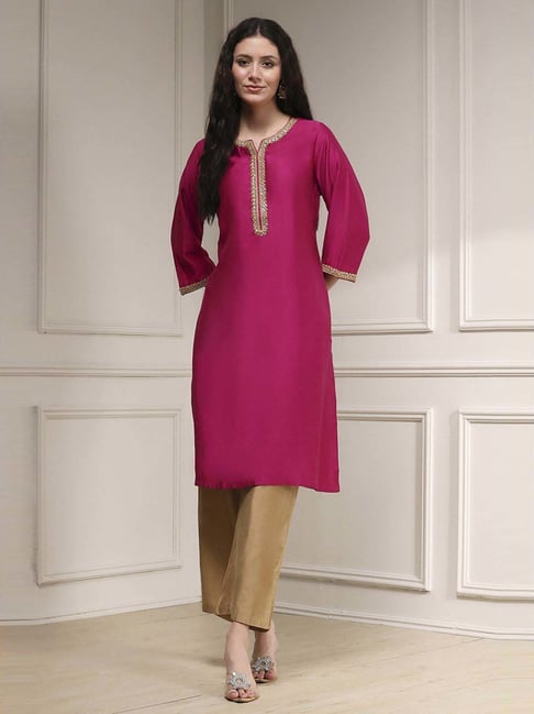 Biba Pink Straight Fit Embroidered Kurta-picture-10