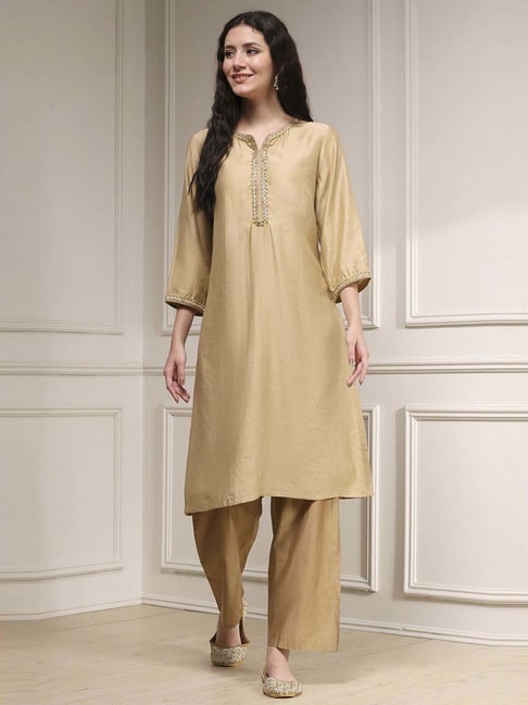 Biba Beige Straight Fit Embroidered Kurta-picture-46