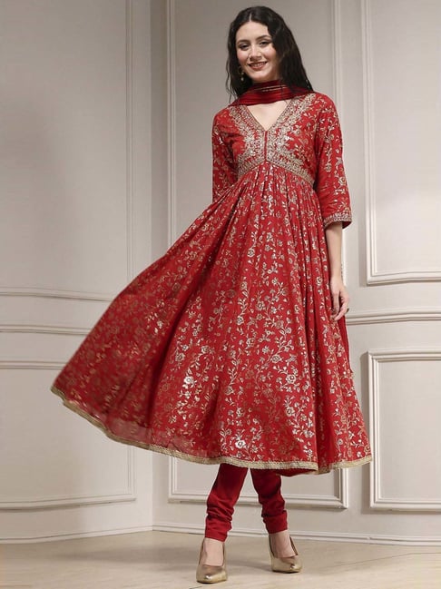 Biba Red Cotton Regular Fit Printed Anarkali Set