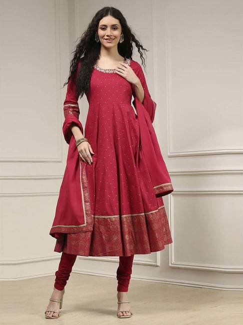 Biba Cherry Red Cotton Regular Fit Embroidered Anarkali Set