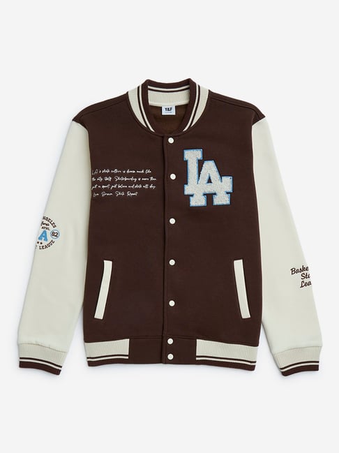 Y&F Kids by Westside Dark Brown Text Design Cotton-Blend Varsity Jacket