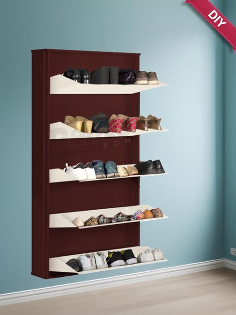 Delite Kom Coffee Ivory Metal Shelves Shoe Cabinet with Lock