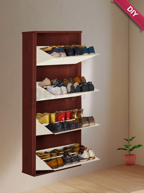 Delite Kom Coffee & Ivory Metal 8 Shelves Shoe Cabinet with Lock