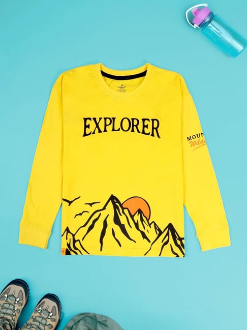 Kiddopanti Boys Bright Yellow Cotton Printed T-Shirt