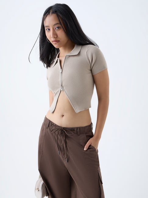 nuon women Nuon by Westside Beige Ribbed-Textured T-Shirt-picture-25