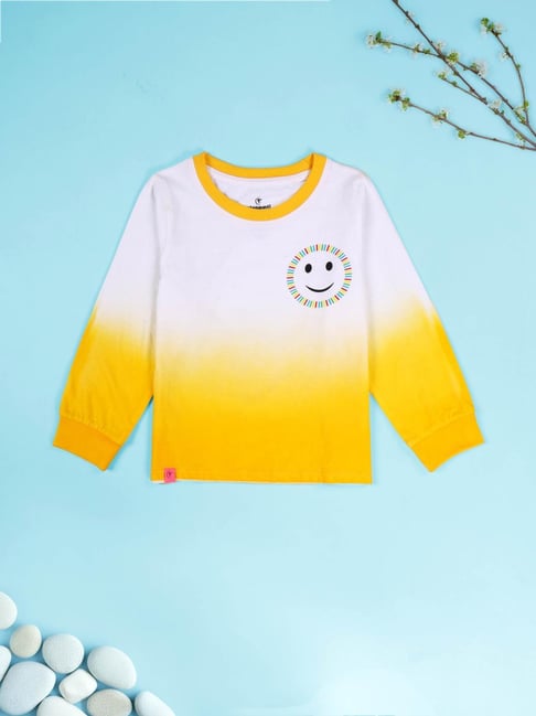Kiddopanti Girls Yellow Cotton Printed T-Shirt