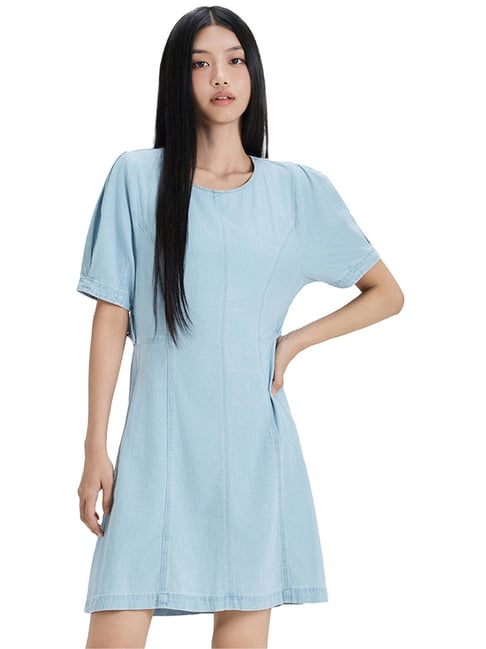 MIXXO Light Indigo Regular Fit Back-Slit Detail Denim Mini Dress-image-0
