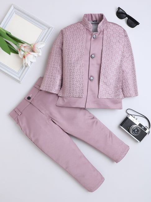 Fourfolds Kids Mauve Jacquard Two Piece Suit Set-picture-48