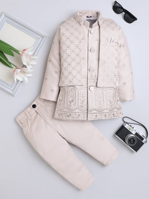 Fourfolds Kids Beige Embroidery Three Piece Suit Set-picture-34