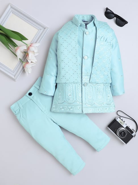 Fourfolds Kids Pastel Blue Embroidery Three Piece Suit Set-picture-18