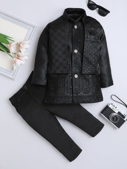 Fourfolds Kids Black Embroidery Three Piece Suit Set-picture-22