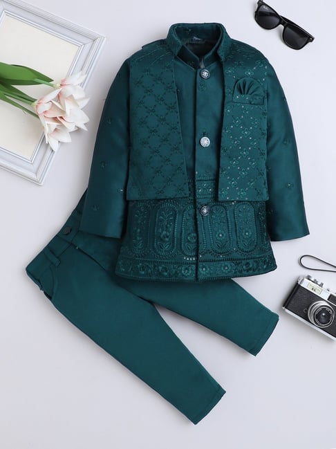 Fourfolds Kids Dark Green Embroidery Three Piece Suit Set-picture-11