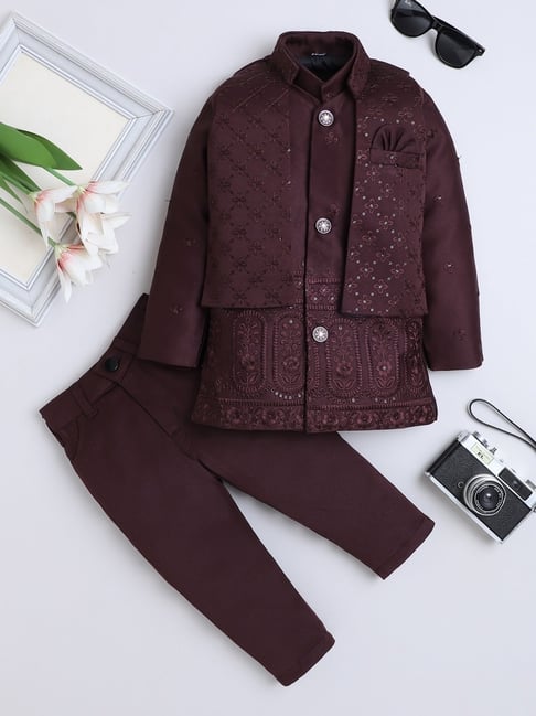 Fourfolds Kids Wine Embroidery Three Piece Suit Set-picture-27